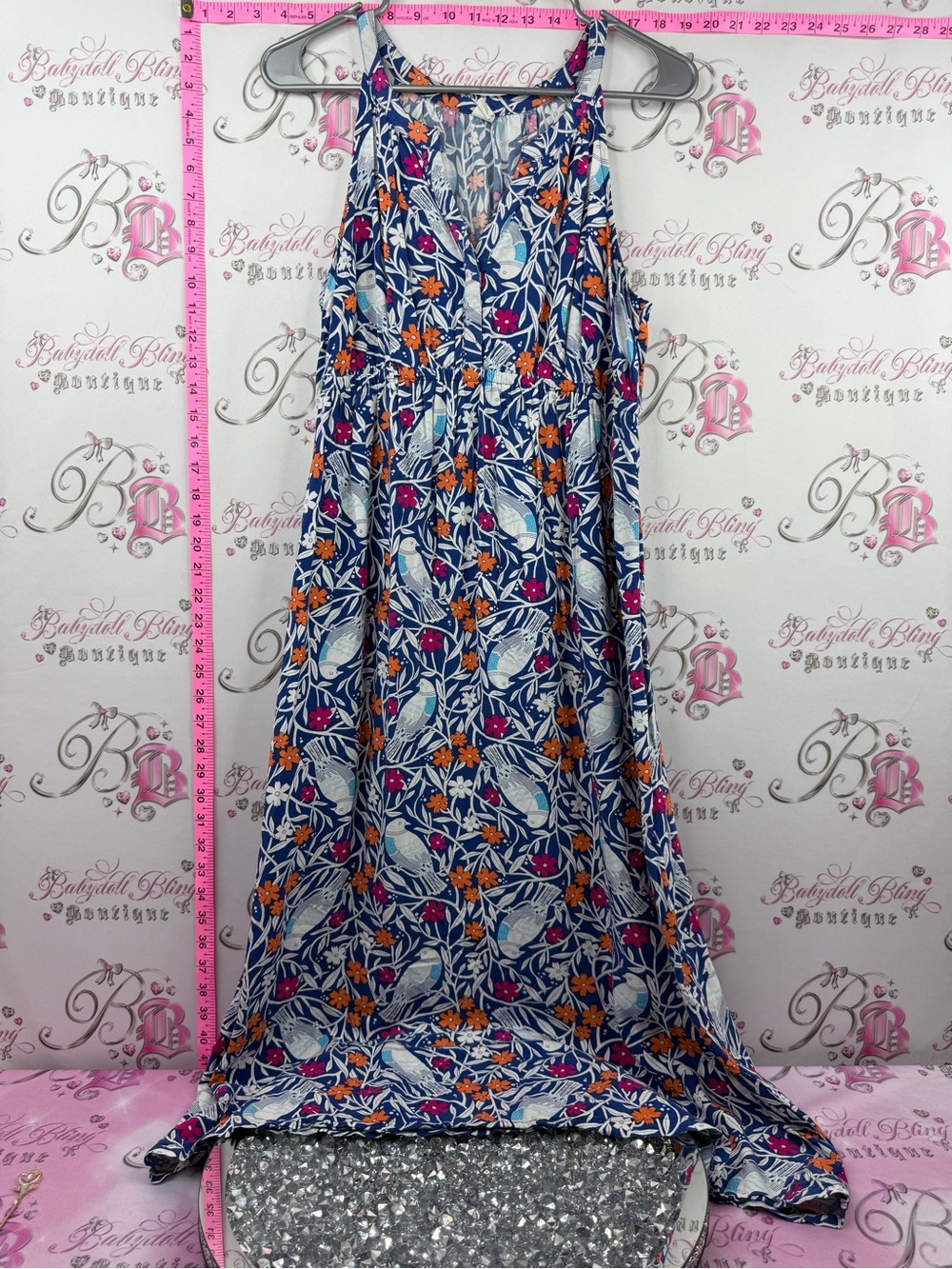 Old Navy Blue Floral Maxi Dress with Orange & Pink Accents